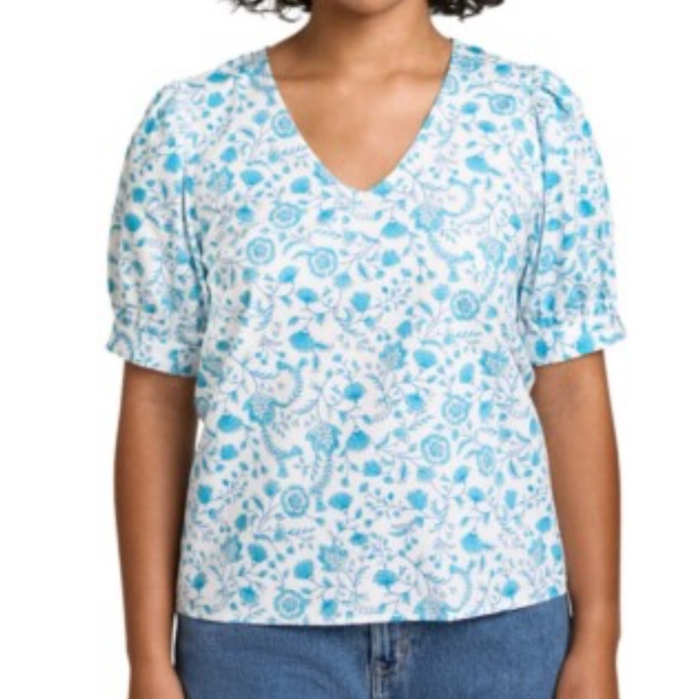 EUC Draper James Heidi Size Large Puff Sleeve‎ Floral Blue and White Top